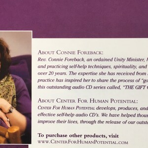 May include: Image features text about Connie Foreback, an ordained Unity Minister, and Center for Human Potential. The text describes self-help audio CD series. A woman with short dark hair and a patterned scarf is pictured.