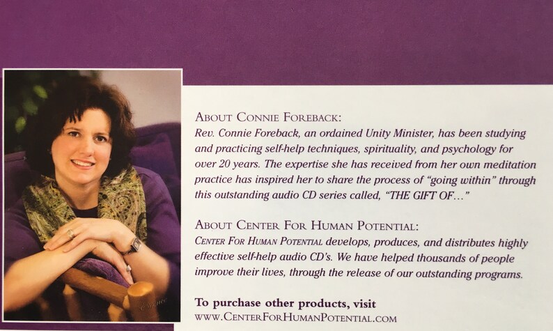 May include: Image features text about Connie Foreback, an ordained Unity Minister, and Center for Human Potential. The text describes self-help audio CD series. A woman with short dark hair and a patterned scarf is pictured.