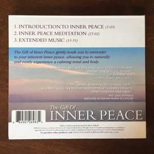 May include: A CD case with the title "The Gift of Inner Peace" in white text. The case features a serene sky and ocean background. Text includes track titles and quotes about the CD's benefits. The CD is designed to promote relaxation and inner peace.