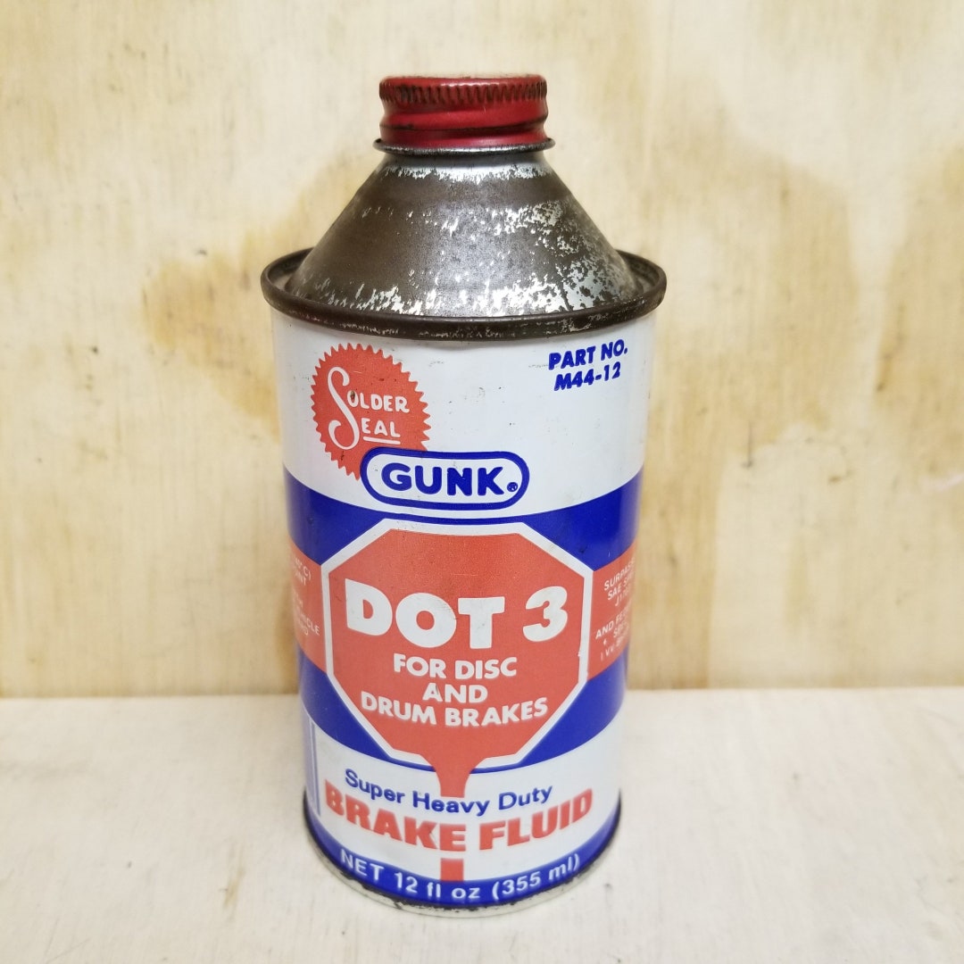 Vintage 12 Oz. Gunk Dot 3 Brake Fluid Tin Can, Gas & Oil Advertising