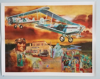 Póster original vintage del 50.º aniversario del servicio aéreo Transcontinental de United Airlines (1927-1977)