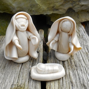 Modern Nativity Set, Miniature Polymer Clay Nativity, Unique Nativity, OOAK Clay Nativity, Jesus, Mary & Joseph Pearl Nativity