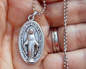 Ciondolo in oro bianco 14K - Medaglia miracolosa di Vergine Maria | Gioielli Eshop IT