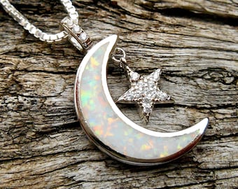 Moon and Star Necklace, Crescent Moon and Star, Sterling Moon and Star Necklace, Crescent Moon and Star, Sterling
