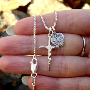 Our Lady Heart Shaped Miraculous Medal Necklace  - Sterling Silver Crucifix Charm  - Catholic Gift - Our Lady Grace- First Communion