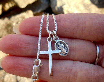 Simple Sterling Silver Cross/ SaintBenedict Charm Necklace, 1" Cross Pendant, Saint Jewelry, 925 Sterling Silver Cross/Alloy St. Benedict