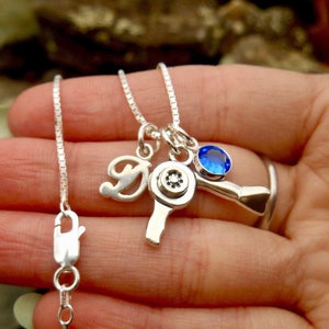 Hair Dryer Charm Necklace, Sterling Silver Box Chain Necklace, Personalized Birthstone, Initial Charm, Hair Stylist Graduate, Salon