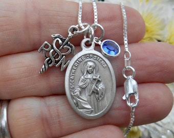 Bonyak Jewelry 18 Inch Rhodium Plated Necklace w/ 4mm Blue March Birth Month Stone Beads and Saint Catherine of Siena Charm Bonyak Jewelry 18 Inch Rhodium Plated Necklace w/ 4mm Blue March Birth Month Stone Beads and Saint Catherine of Siena Charm