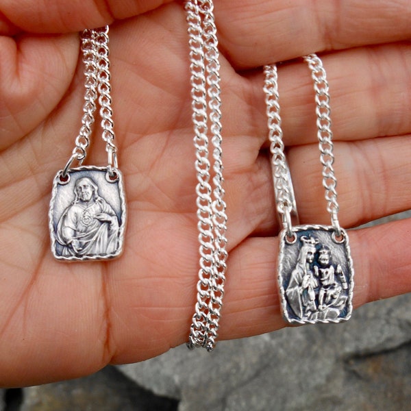 Scapular Chain Necklace, Silver Oxidized, Our Lady of Mount Carmel, Sacred Heart of Jesus Medal, Catholic Gift, Confirmation, Godmother