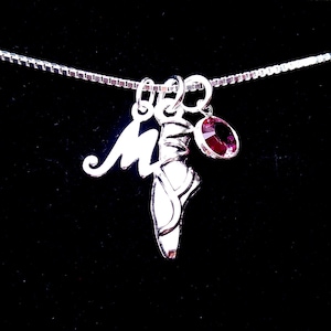 Ballet Slipper Charm Necklace, Sterling Silver Box Chain Necklace, Personalized Birthstone, Initial, Pointe Shoe Charm, Recital Necklace