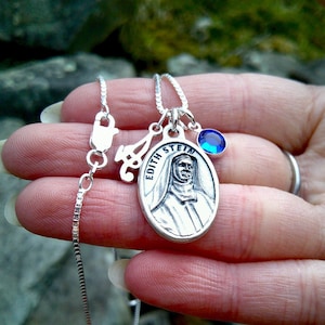 Medalla de Santa Edith Stein, collar de cadena de caja de plata esterlina, Teresa Benedicta de la Cruz Edith Stein, Carmelita, mártir, Confirmación