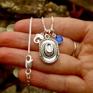 Cowgirl Hat Charm Necklace, Sterling Silver Box Chain Necklace,Personalized Birthstone, Initial Charm, Western Necklace, Cowboy Lover, Rodeo
