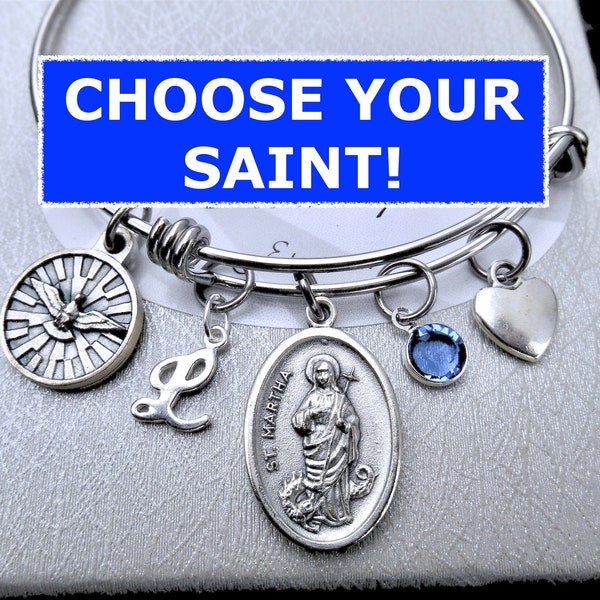 Confirmation Gift for Girls - Choose Your Catholic Saint - Patron Saint -Personalized- Expandable Stainless Steel Adjustable Bangle, Martha