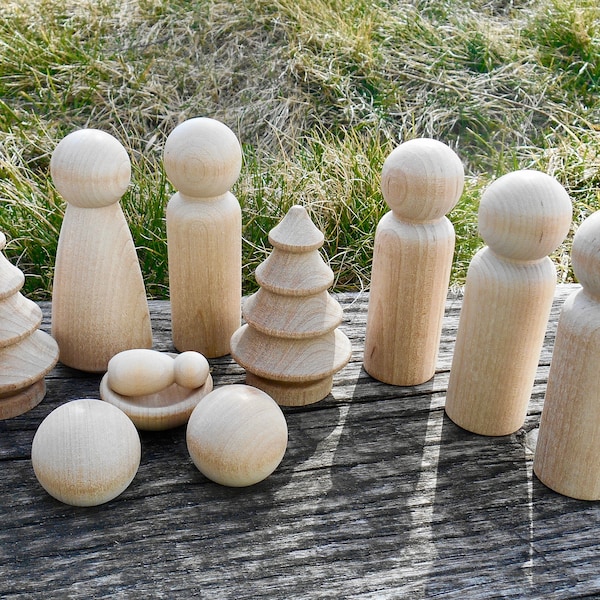 Minimalist Wooden Nativity Peg Doll Set, DIY Montessori Nativity Scene, Wooden Peg Doll Kit, Unpainted Christmas Advent Epiphany Peg Doll