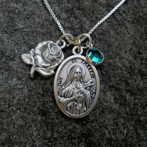 Saint Thérèse St Therese of Lisieux the Little Flower Necklace - Rose Charm- Swarovski Crystal Birthstone - Catholic Saint Medal, Flower