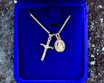 Tiny Gold Tone Miraculous Medal, Virgin Mary Miraculous Medal, Gold Plated Sterling Box Chain, Virgin Mary Medallion, Tiny Gold Cross