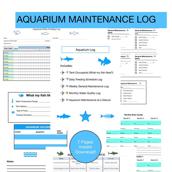 Aquarium Log, Fish Journal, Beginners Aquarium Maintenance Log, Fresh Water Aquarium Diary, Instant Download, Classroom Fish Log