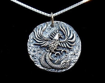 Ancient Coin Replica Pendant, Phoenix Sterling Silver Charm, 925 Sterling Silver Rising Phoenix Pendant, 1.6mm Box Sterling Silver Necklace