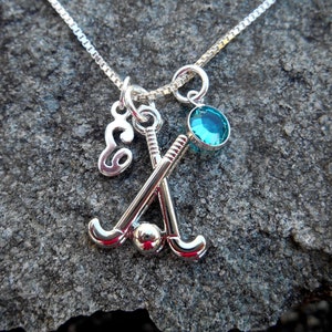 Field Hockey Charm Necklace, Personalized Sterling Silver Initial and Birthstone, Sports Charm Necklace, Sterling Silver Box Chain,