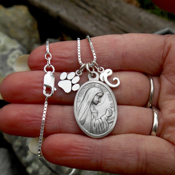 SAINT GERTRUDE Ketting - Gepersonaliseerde Initial, Patron Saint of Cats, Cat Lover Gift, Saint Gertrude Medal Ketting, Paw Charm, Cat Mama