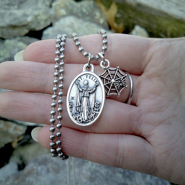 Saint Felix and the Spider, St. Felix/ Theodrore Double-sided Medal, Confirmation, Patron Saint Necklace, Sterling Silver Box Chain