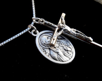 Naszyjnik ze Świętym Piotrem - dla mężczyzn/chłopców - duży krzyż 1,5 cala - zawieszka z wizerunkiem Świętego Patrona - prezent katolicki - patron papieży Rzym - medalik bierzmowania