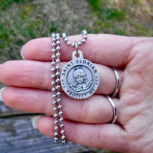 Saint Florian Necklace, 2.4mm Stainless Steel Chain, Catholic Boys Protection Medal, Mens 30&quot; Ball Chain, Saint Florian, Patron FireFighters