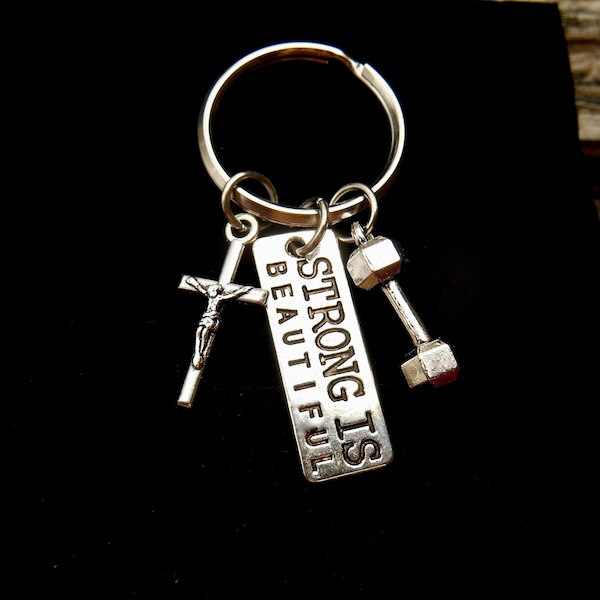 Strong is Beautiful Key Chain- Key Fob- Fitness Keyring, Motivational Gift, Weightlifting, Dumbbell Key chain, Weight loss Encouragement