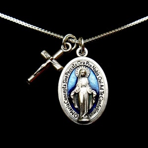 Latin Virgin Mary Miraculous Medal, Sterling Silver Chain, Blue Enamel Virgin Mary, Cross Charm, Blue Miraculous Medal, Our Lady of Grace