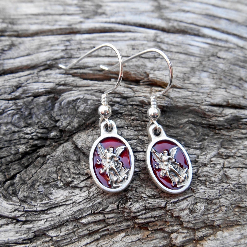 Saint St Michael Medal Earrings, 1/2 Inch Red Enamel St Michael, Saint Earrings, Sterling Silver fishhook, Confirmation Gift, Protection