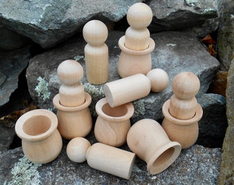 Wooden Peg Doll and Cups, 6 Unfinished Peg Boys and Cup, Montessori, Waldorf Dolls, Sorting Game, DIY Peg Dolls, Blank Wood Doll, Bean Pots