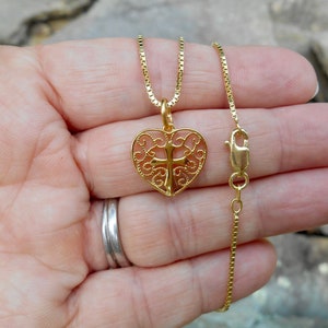 Gold Plated Sterling Silver Filigree Heart Cross Necklace, Dainty Christian Cross, Purity, Birthday Gift, Faith Heart Charm, First Communion