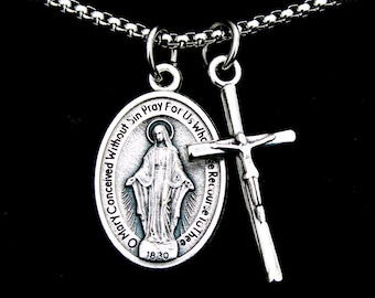 Collar de Medalla Milagrosa para hombre/mujer, dije de crucifijo, regalo católico, minimalista, cadena de acero inoxidable de 61 cm