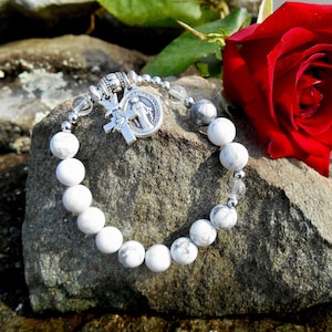 Rosary Bracelet, Howlite  8mm Gemstone Beads, Miraculous medal, Confirmation Gift for Her, 1st Holy Communion, Stretch Rosary, Jasper