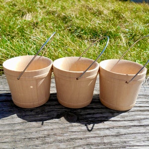 Miniature Wooden Buckets Set of 3, Small Wood Pails 2-1/16 Craft Wooden Bucket w / Wire Handle, Unfinished Craft Bucket, Miniature Bucket image 1