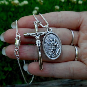 Saint FLORIAN -Crucifix 1.5 Inch - Large 1.5 Inch Cross - Patron Saint Firefighters - Catholic Gift - Confirmation- Catholic Boy Necklace