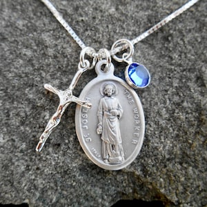 Saint Joseph the Worker- St Joseph Necklace - Sterling Crucifix Charm- Swarovski Birthstone -Year of St. Joseph- Gift for Mother of Priest