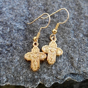 TINY Gold Tone 4 Way Cross Earrings, Holy Spirit Charm Earrings, Confirmation, First Holy Communion, 14Kt gold-filled fishhook Ear Wire