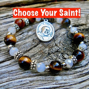 Saint Bracelet, 8mm Tiger Eye, Patron Saint Beaded Bracelet, Choose Your Saint, Personalized Saint Charm Bracelet, St Pio, Confirmation