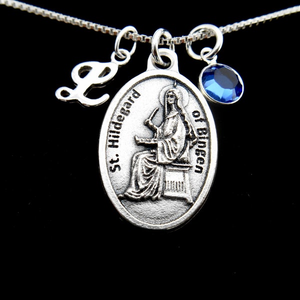 Saint St Hildegard - Patron Saint of Writers and Musicians - Personalized Initial - Swarovski Crystal Birthstone - Patron Saint Necklace