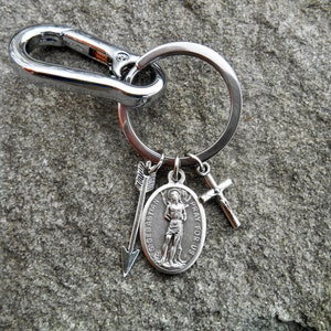 Saint Sebastian Key Chain- Key Clip- Saint Sebastian- Mens Saint Key Clip, Saint Key Ring- Cross Key Chain- Patron Archers- Carabiner