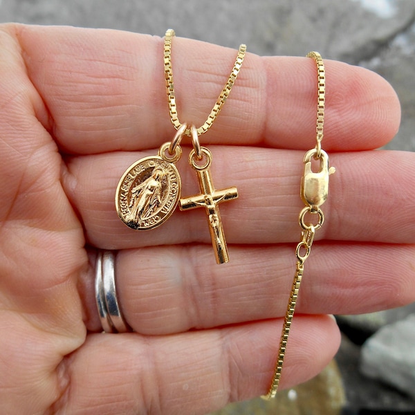 Tiny Gold Tone Miraculous Medal, Virgin Mary Miraculous Medal, Gold Plated Sterling Box Chain, Virgin Mary Medallion, Tiny Gold Cross