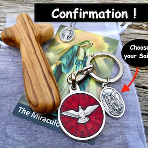 Confirmation Gift Set for Him/Her, Choose your Saint Key Chain, Miraculous Medal, Catholic New Driver, Confirmation, Olive Wood Pocket Cross