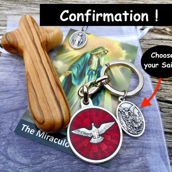 Confirmation Gift Set for Him/Her, Choose your Saint Key Chain, Miraculous Medal, Catholic New Driver, Confirmation, Olive Wood Pocket Cross