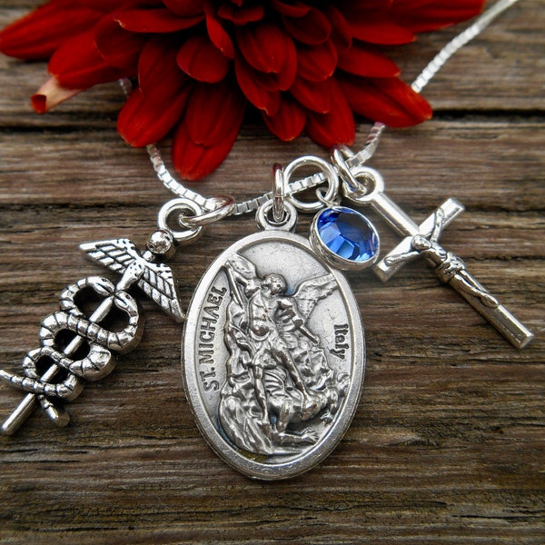 Saint Michael the Archangel Necklace - Caduceus - Swarovski Birthstone - Patron Saint EMT's - Paramedics- Catholic Gift - Graduate