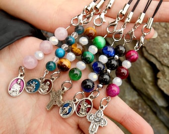 Phone Charm, Beaded Cell Phone Charm, Patron Saint Cellphone Strip, Confirmation, First Communion, Protection Saint, Phone Accessory