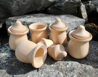 Montessori Sorting Game, 5 Blank Wood Pots and 5 Acorn Lids, Wood Candle Holders, 5 Large Acorns, Pretend Play, Waldorf, Natural Wood Toy