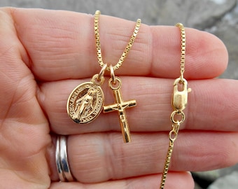 Tiny Gold Tone Miraculous Medal, Virgin Mary Miraculous Medal, Gold Plated Sterling Box Chain, Virgin Mary Medallion, Tiny Gold Cross