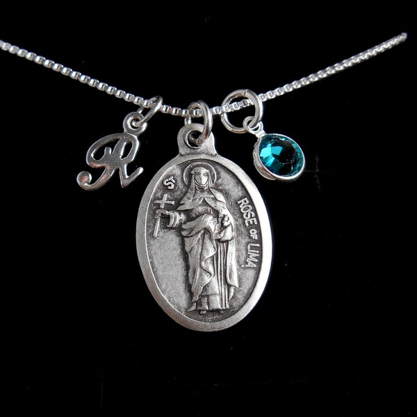 Rose of Lima Necklace  -Swarovski Birthstone - Patron Saint Necklace, Catholic Gift, Confirmation Jewelry, Sponsor Gift- Patron gardners