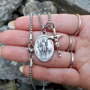 Saint HUBERT, Boys Confirmation Crucifix, Catholic Boys Necklace, Confirmation Saint, St Hubert, 24 Inch Stainless Steel Box Chain